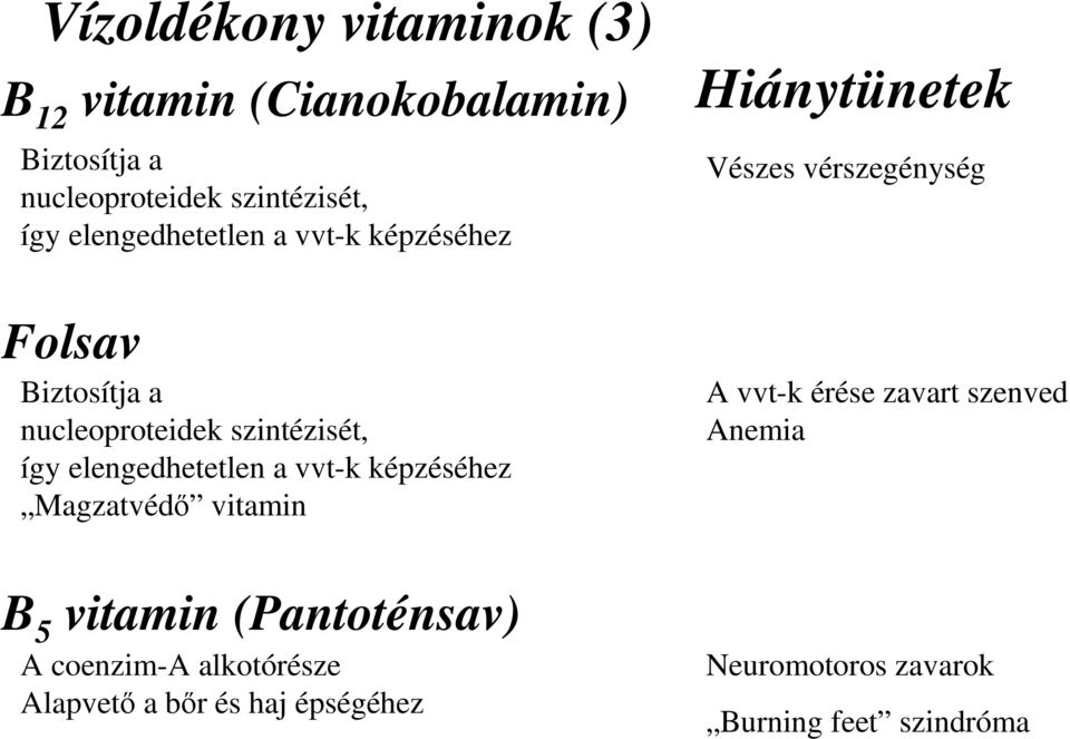 vvt-k képzéséhez Magzatvédő vitamin B 5 vitamin (Pantoténsav) A coenzim-a alkotórésze Alapvető a bőr és haj