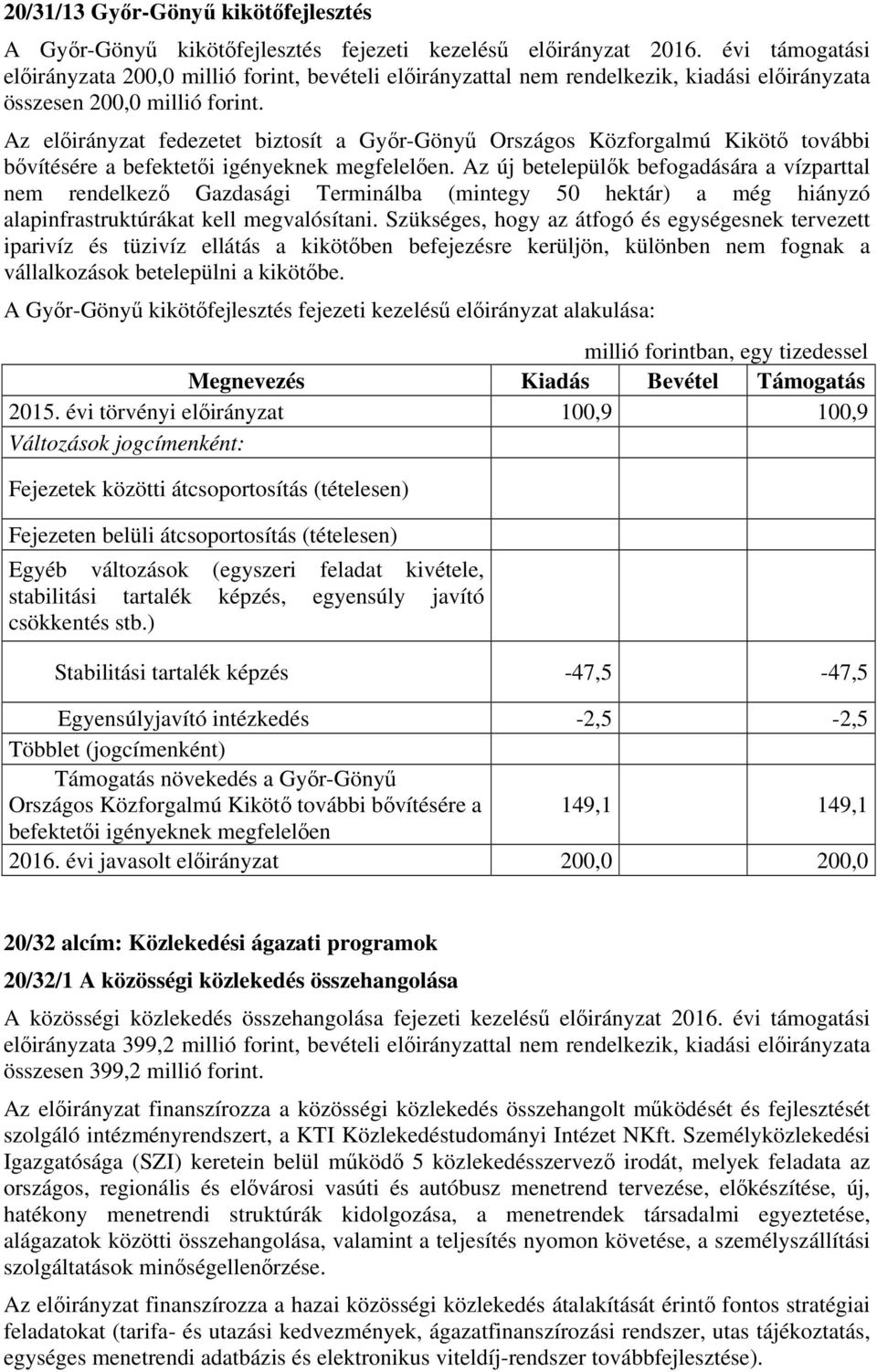 Az előirányzat fedezetet biztosít a Győr-Gönyű Országos Közforgalmú Kikötő további bővítésére a befektetői igényeknek megfelelően.