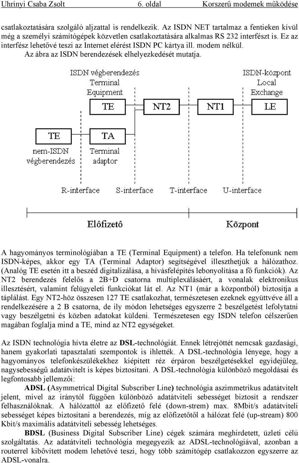 modem nélkül. Az ábra az ISDN berendezések elhelyezkedését mutatja. A hagyományos terminológiában a TE (Terminal Equipment) a telefon.