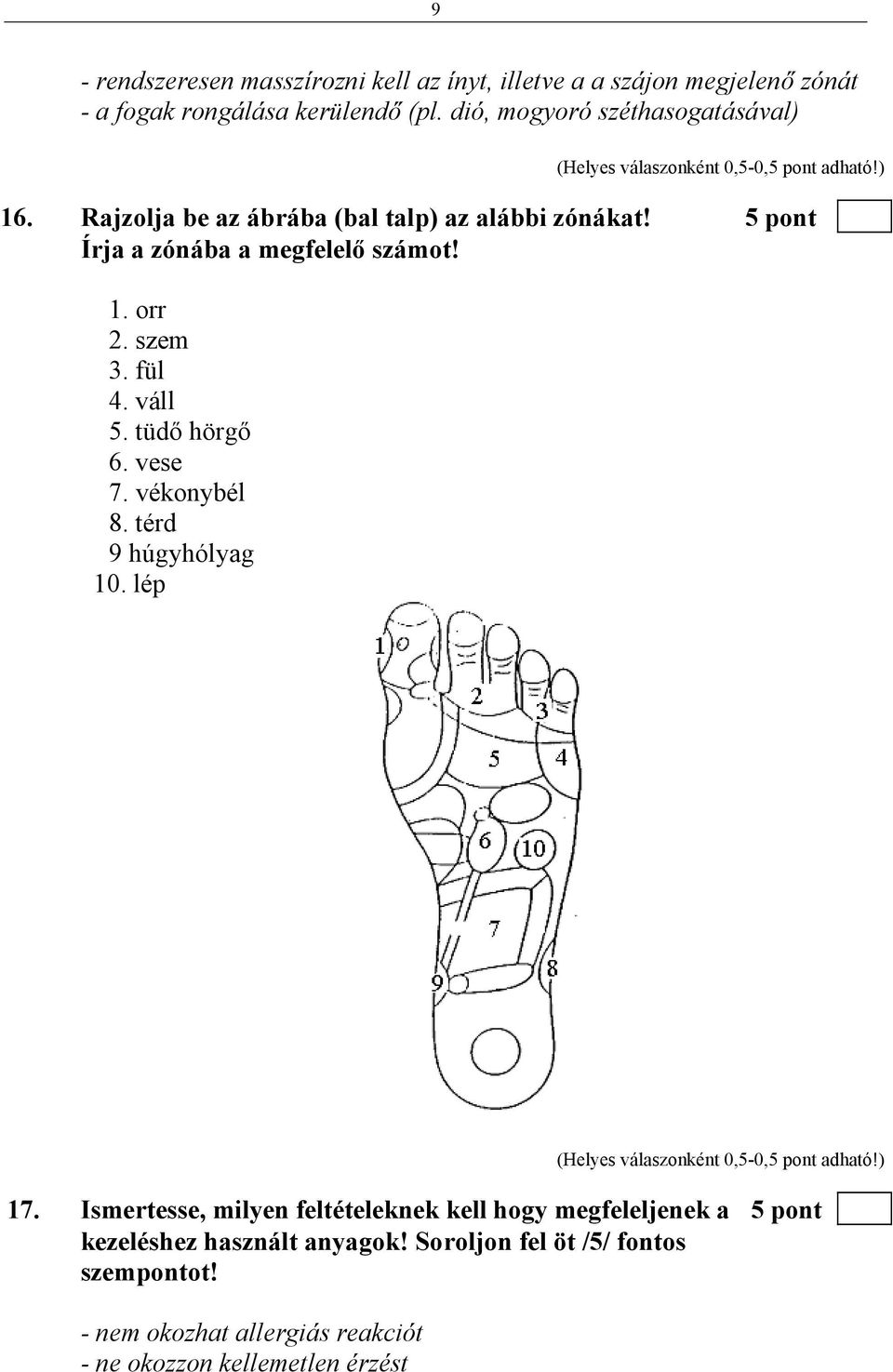 5 pont Írja a zónába a megfelelő számot! 1. orr 2. szem 3. fül 4. váll 5. tüdő hörgő 6. vese 7. vékonybél 8. térd 9 húgyhólyag 10.