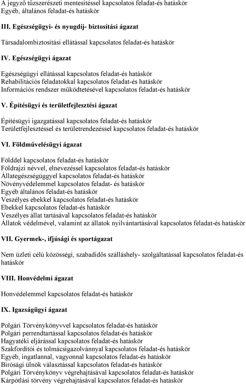 Egészségügyi ágazat Egészségügyi ellátással kapcsolatos feladat-és hatáskör Rehabilitációs feladatokkal kapcsolatos feladat-és hatáskör Információs rendszer működtetésével kapcsolatos feladat-és