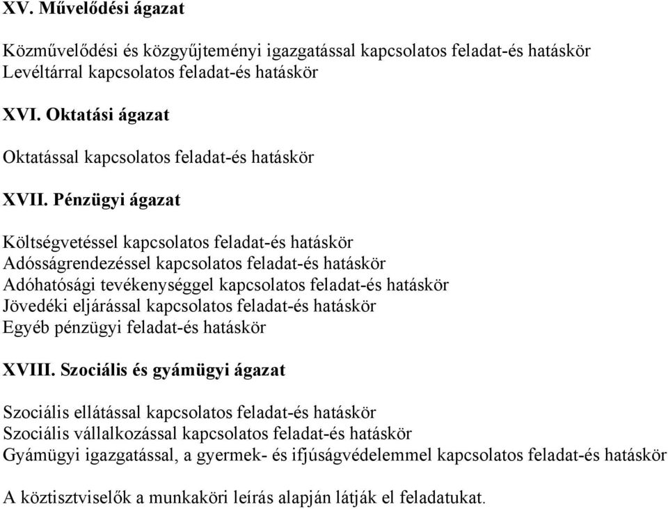 Pénzügyi ágazat Költségvetéssel kapcsolatos feladat-és hatáskör Adósságrendezéssel kapcsolatos feladat-és hatáskör Adóhatósági tevékenységgel kapcsolatos feladat-és hatáskör Jövedéki eljárással