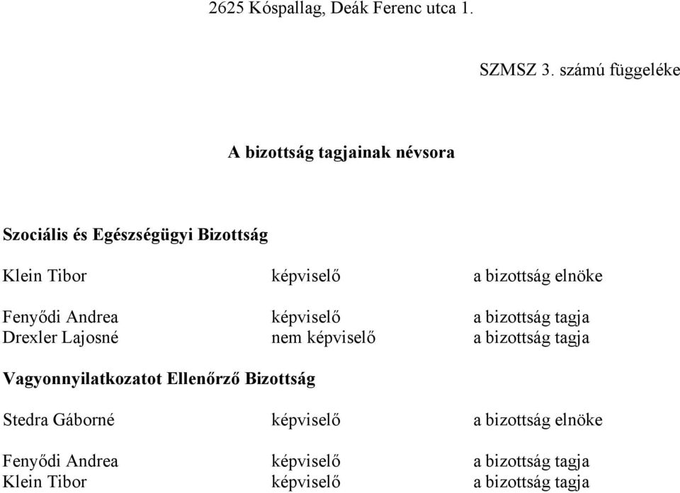 bizottság elnöke Fenyődi Andrea képviselő a bizottság tagja Drexler Lajosné nem képviselő a bizottság