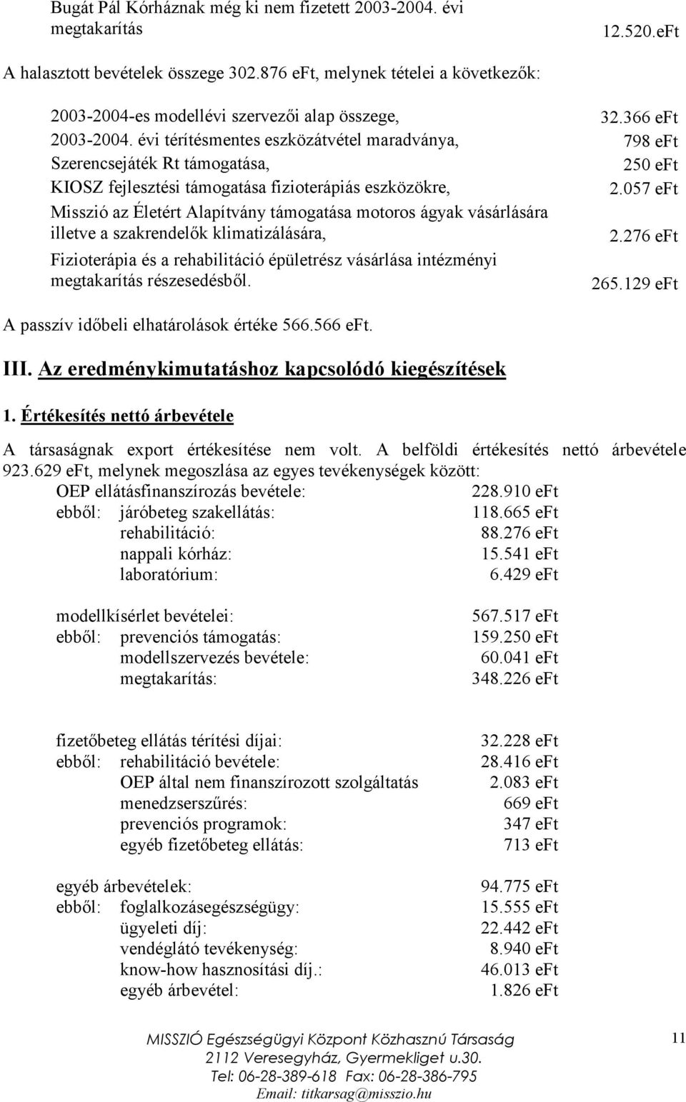 évi térítésmentes eszközátvétel maradványa, 798 eft Szerencsejáték Rt támogatása, 250 eft KIOSZ fejlesztési támogatása fizioterápiás eszközökre, 2.