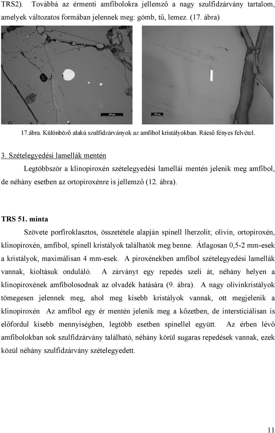 Szételegyedési lamellák mentén Legtöbbször a klinopiroxén szételegyedési lamellái mentén jelenik meg amfibol, de néhány esetben az ortopiroxénre is jellemző (12. ábra). TRS 51.