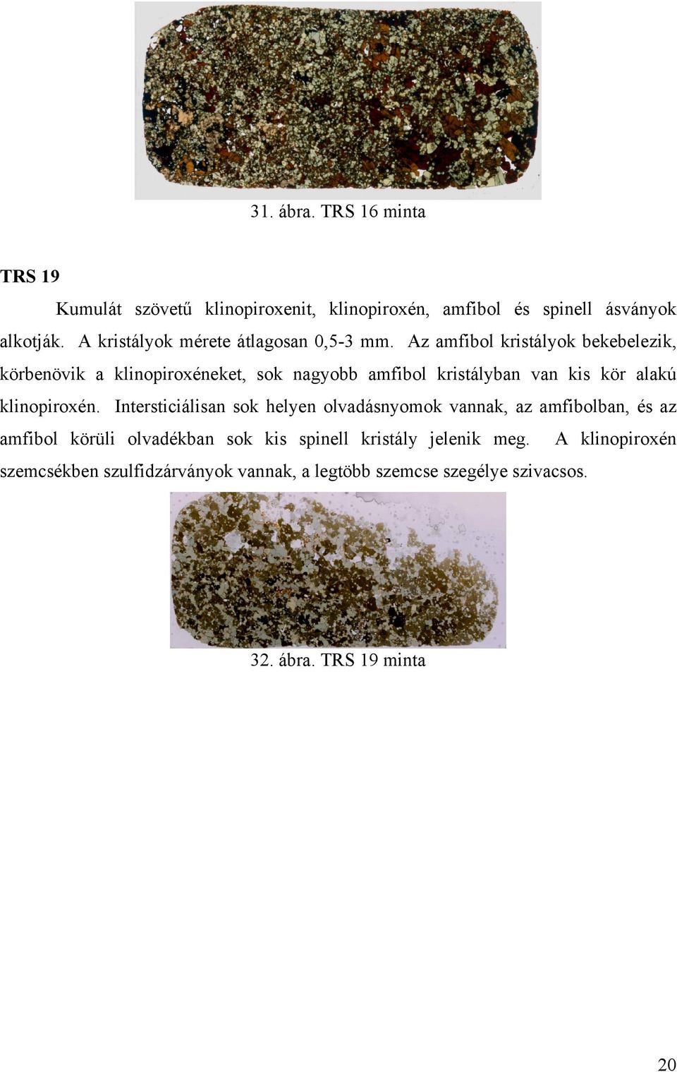 Az amfibol kristályok bekebelezik, körbenövik a klinopiroxéneket, sok nagyobb amfibol kristályban van kis kör alakú klinopiroxén.