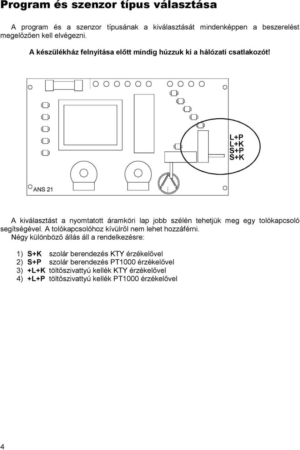 L+P L+K S+P S+K ANS 21 A kiválasztást a nyomtatott áramköri lap jobb szélén tehetjük meg egy tolókapcsoló segítségével.