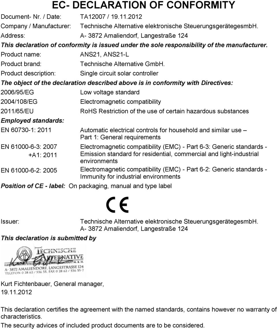 Product name: Product brand: Product description: ANS21, ANS21-L Technische Alternative GmbH.