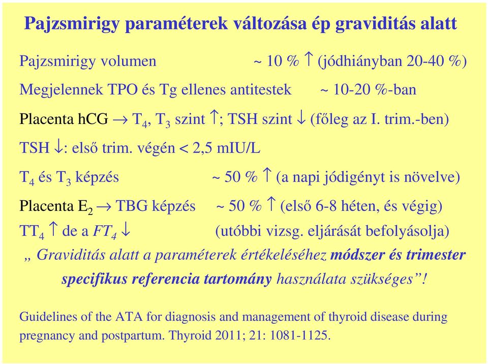 végén < 2,5 miu/l T 4 és T 3 képzés ~ 50 % (a napi jódigényt is növelve) Placenta E 2 TBG képzés ~ 50 % (elsı 6-8 héten, és végig) TT 4 de a FT 4 (utóbbi vizsg.