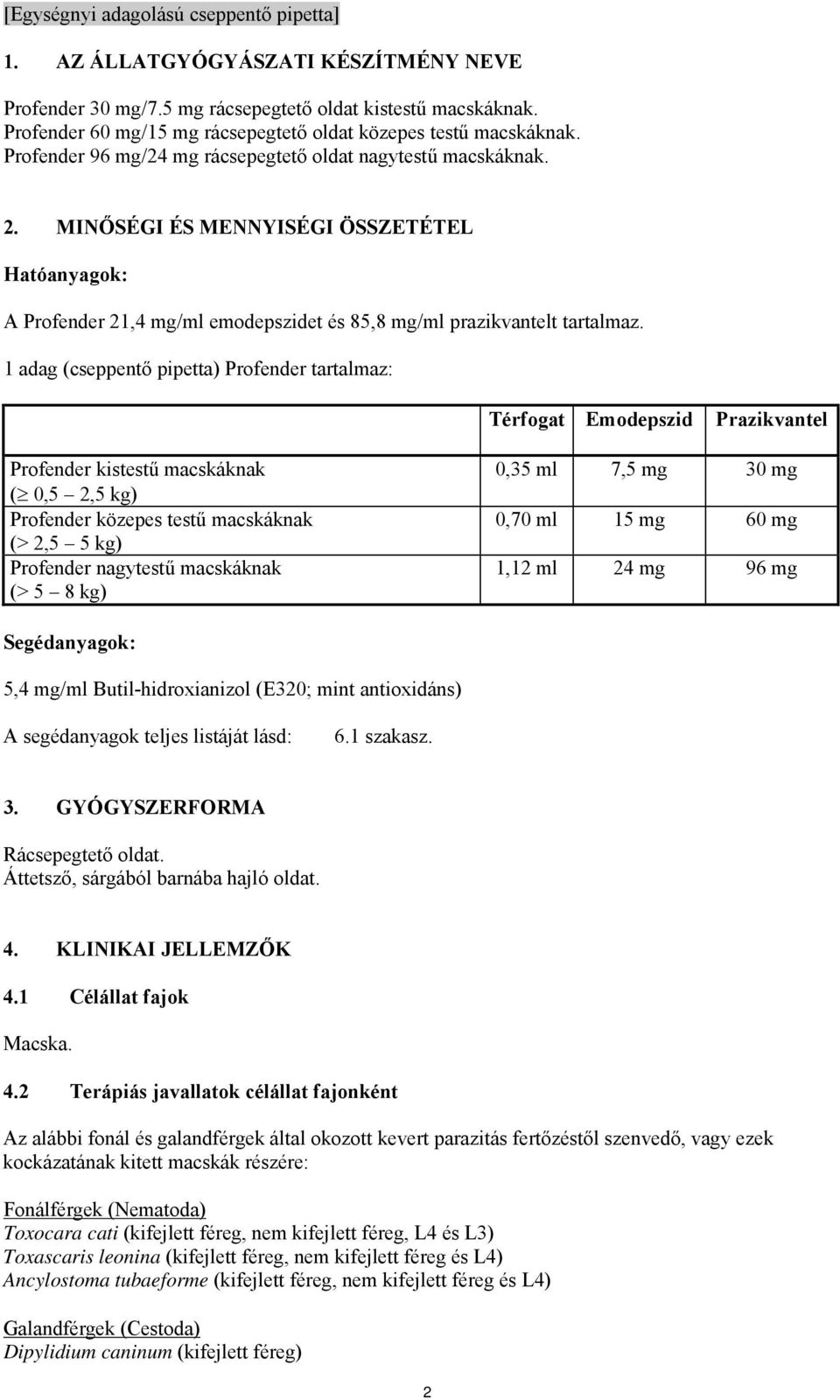 MINŐSÉGI ÉS MENNYISÉGI ÖSSZETÉTEL Hatóanyagok: A Profender 21,4 mg/ml emodepszidet és 85,8 mg/ml prazikvantelt tartalmaz.