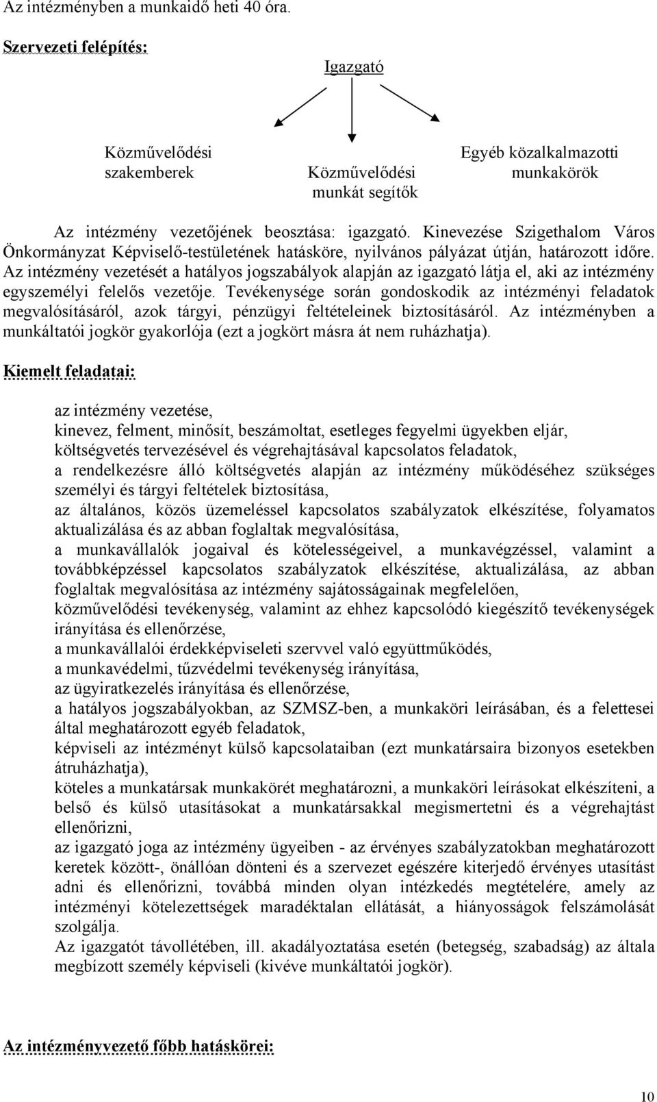 Kinevezése Szigethalom Város Önkormányzat Képviselő-testületének hatásköre, nyilvános pályázat útján, határozott időre.