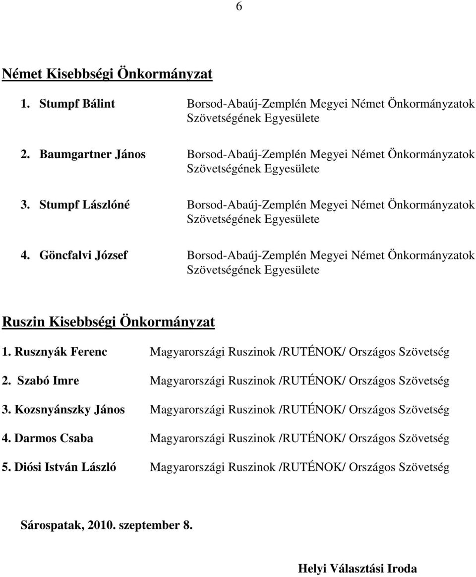 Göncfalvi József Borsod-Abaúj-Zemplén Megyei Német Önkormányzatok ének Egyesülete Ruszin Kisebbségi Önkormányzat 1. Rusznyák Ferenc Magyarországi Ruszinok /RUTÉNOK/ Országos 2.