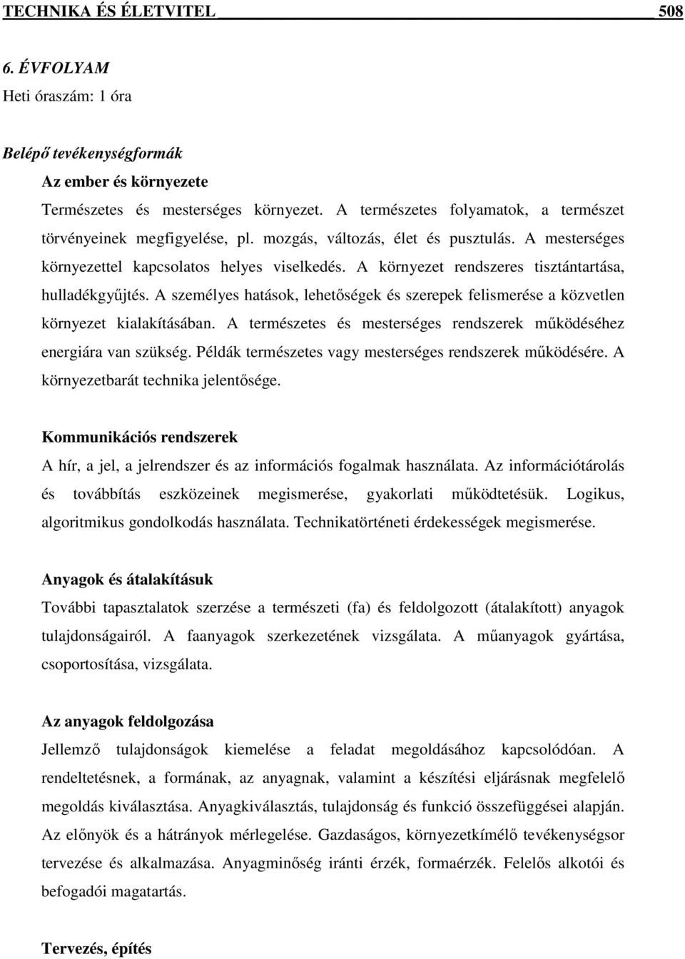 A környezet rendszeres tisztántartása, hulladékgyűjtés. A személyes hatások, lehetőségek és szerepek felismerése a közvetlen környezet kialakításában.