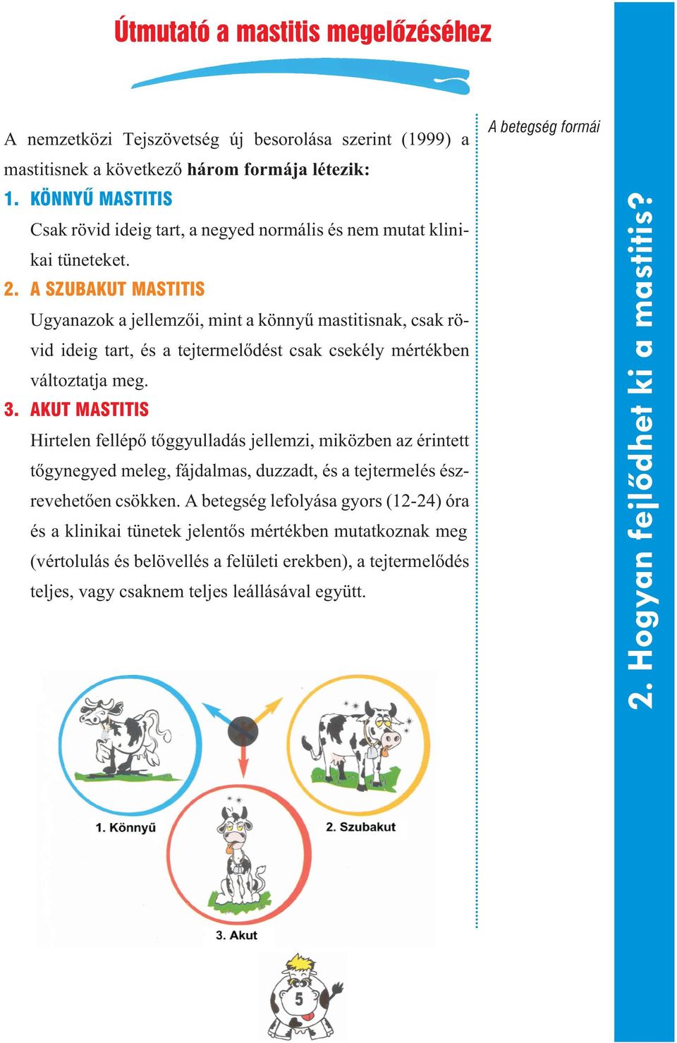 A SZUBAKUT MASTITIS Ugyanazok a jellemzõi, mint a könnyû mastitisnak, csak rövid ideig tart, és a tejtermelõdést csak csekély mértékben változtatja meg. 3.