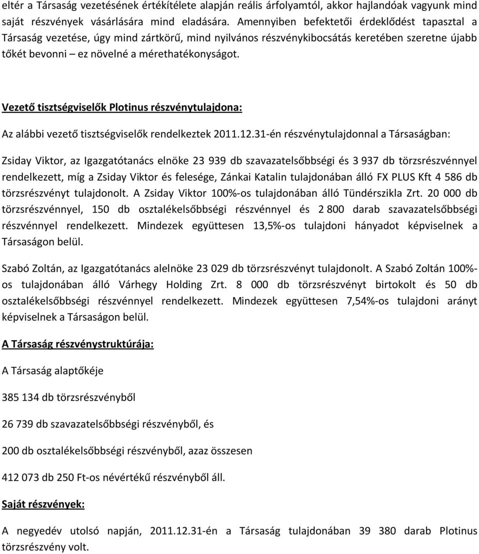 Vezető tisztségviselők Plotinus részvénytulajdona: Az alábbi vezető tisztségviselők rendelkeztek 2011.12.