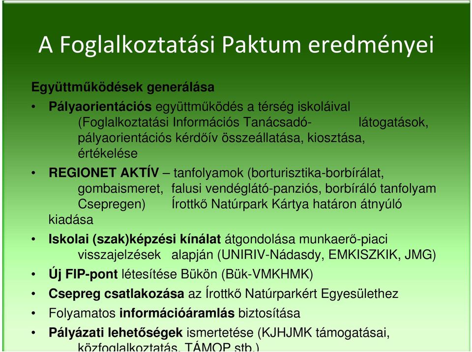 Natúrpark Kártya határon átnyúló kiadása Iskolai (szak)képzési kínálat átgondolása munkaerő-piaci visszajelzések alapján (UNIRIV-Nádasdy, EMKISZKIK, JMG) Új FIP-pont létesítése Bükön