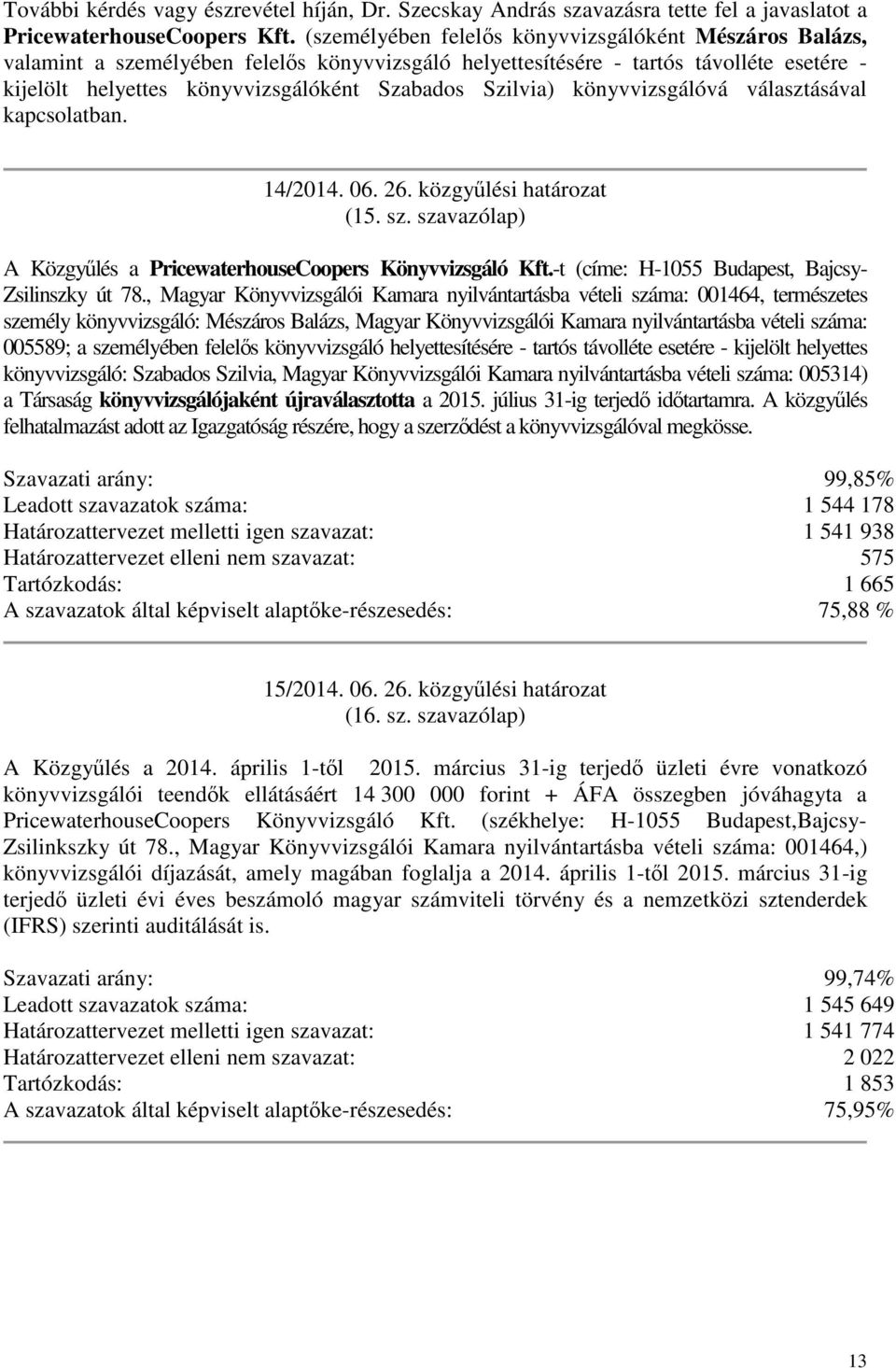 könyvvizsgálóvá választásával kapcsolatban. 14/2014. 06. 26. közgylési határozat (15. sz. szavazólap) A Közgylés a PricewaterhouseCoopers Könyvvizsgáló Kft.