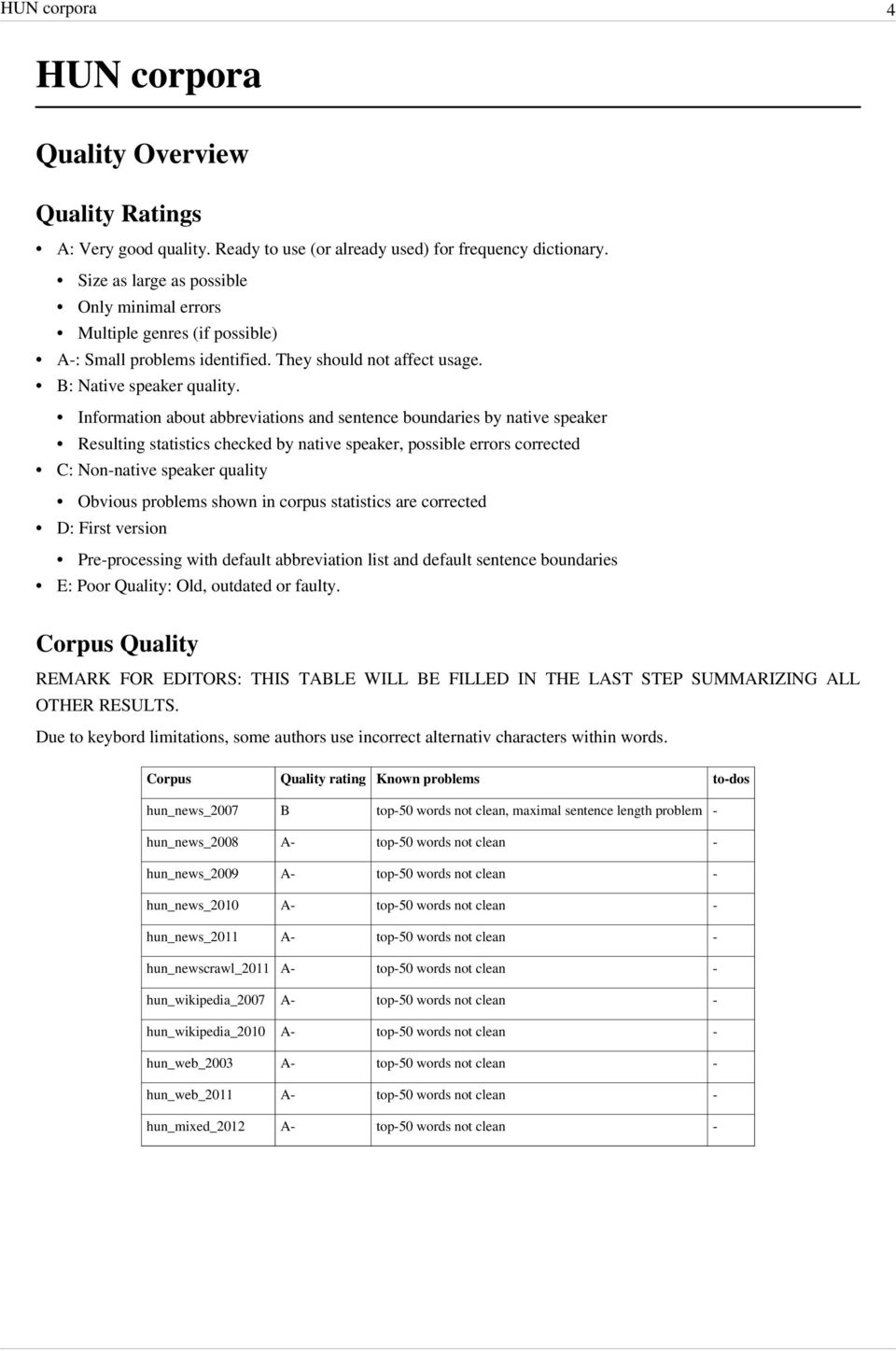 Information about abbreviations and sentence boundaries by native speaker Resulting statistics checked by native speaker, possible errors corrected C: Non-native speaker quality Obvious problems