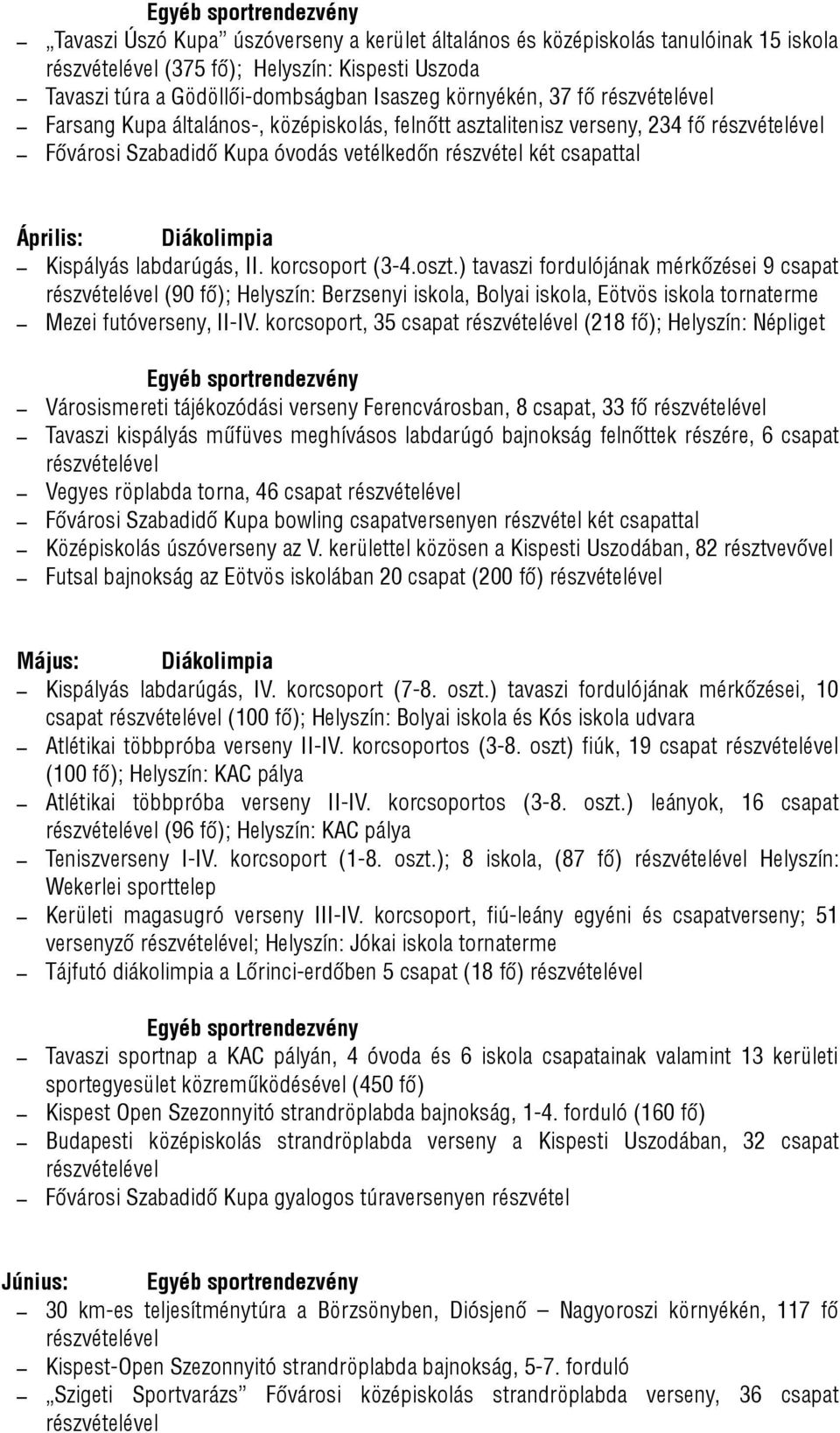 ) tavaszi fordulójának mérkőzései 9 csapat (90 fő); Helyszín: Berzsenyi iskola, Bolyai iskola, Eötvös iskola Mezei futóverseny, II-IV.