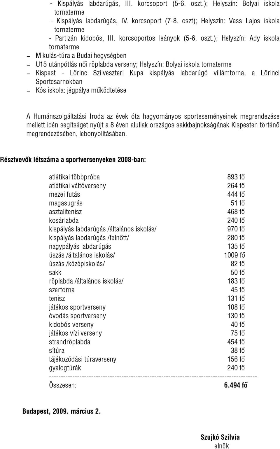 ); Helyszín: Ady iskola Mikulás-túra a Budai hegységben U15 utánpótlás női röplabda verseny; Helyszín: Bolyai iskola Kispest - Lőrinc Szilveszteri Kupa kispályás labdarúgó villámtorna, a Lőrinci