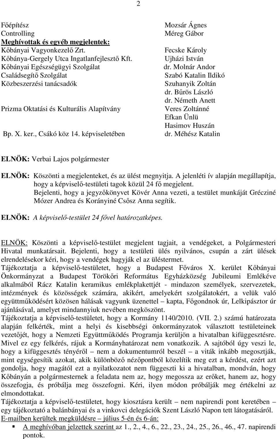 képviseletében Mozsár Ágnes Méreg Gábor Fecske Károly Ujházi István dr. Molnár Andor Szabó Katalin Ildikó Szuhanyik Zoltán dr. Bűrös László dr.