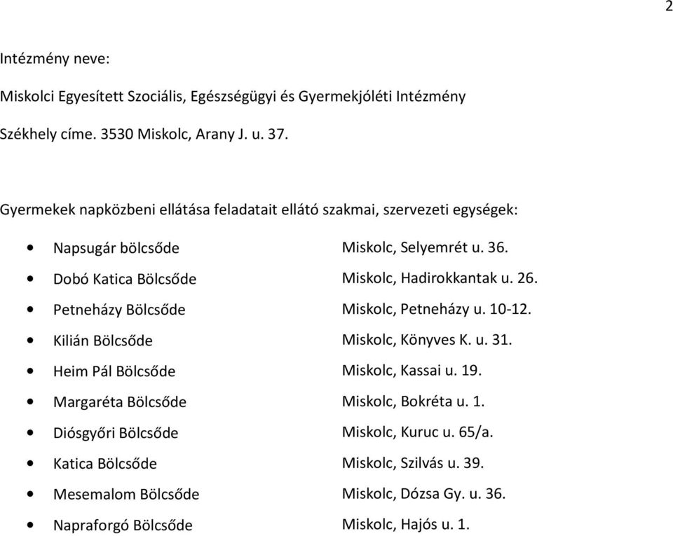 Dobó Katica Miskolc, Hadirokkantak u. 26. Petneházy Miskolc, Petneházy u. 10-12. Kilián Miskolc, Könyves K. u. 31. Heim Pál Miskolc, Kassai u.