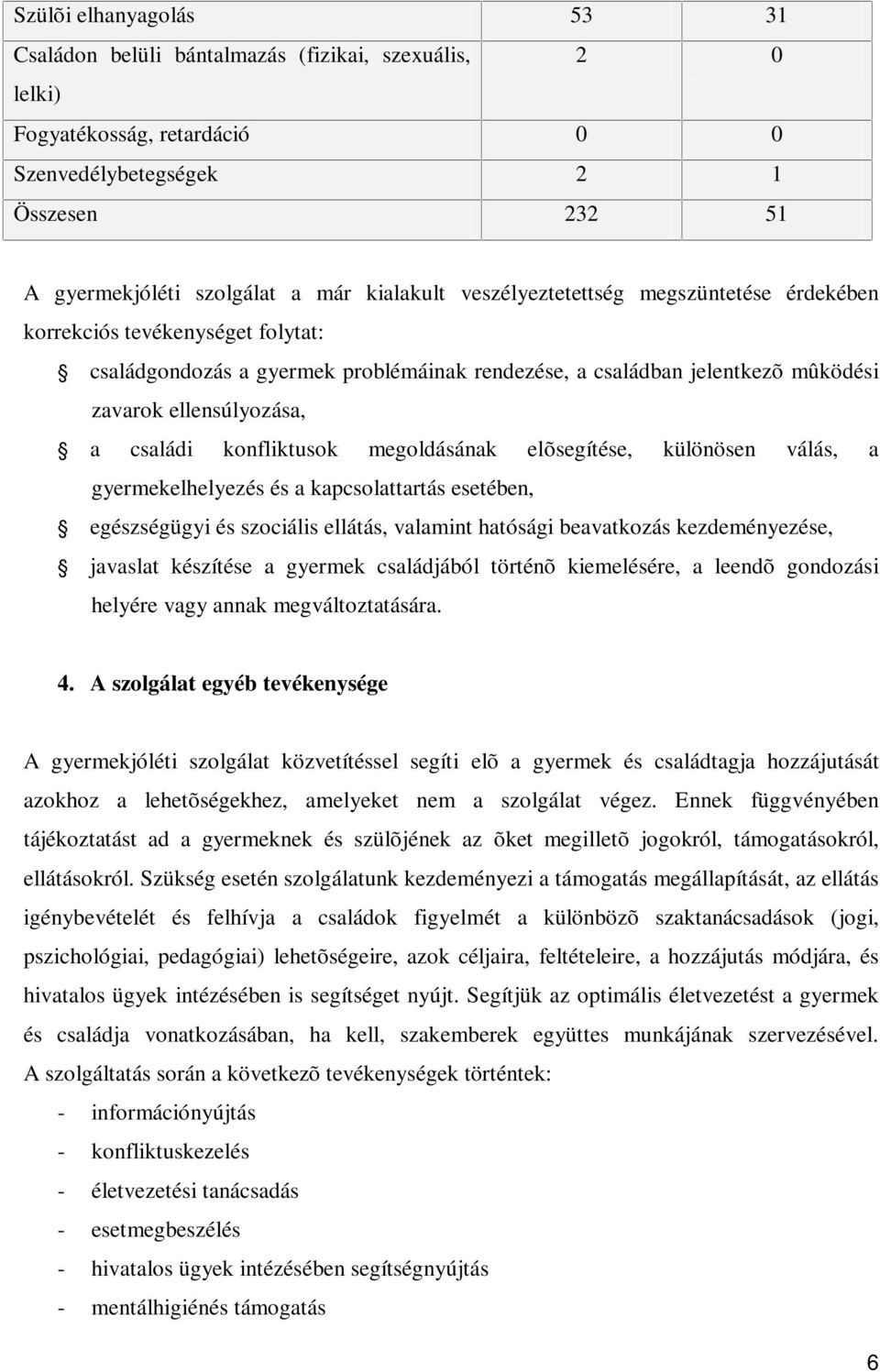 konfliktusok megoldásának elõsegítése, különösen válás, a gyermekelhelyezés és a kapcsolattartás esetében, egészségügyi és szociális ellátás, valamint hatósági beavatkozás kezdeményezése, javaslat