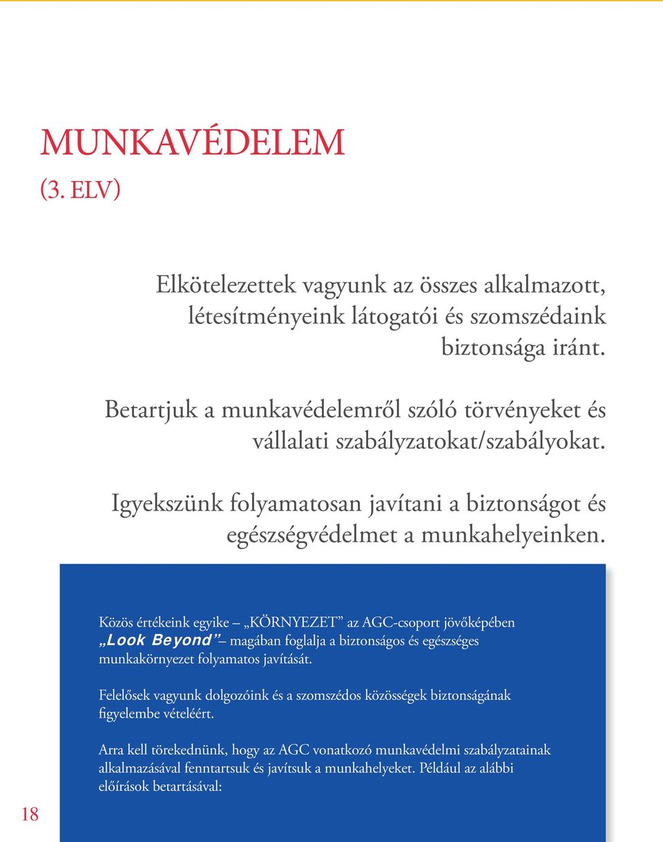 Közös értékeink egyike KÖRNYEZET az AGC-csoport jövőképében Look Beyond magában foglalja a biztonságos és egészséges munkakörnyezet folyamatos javítását.