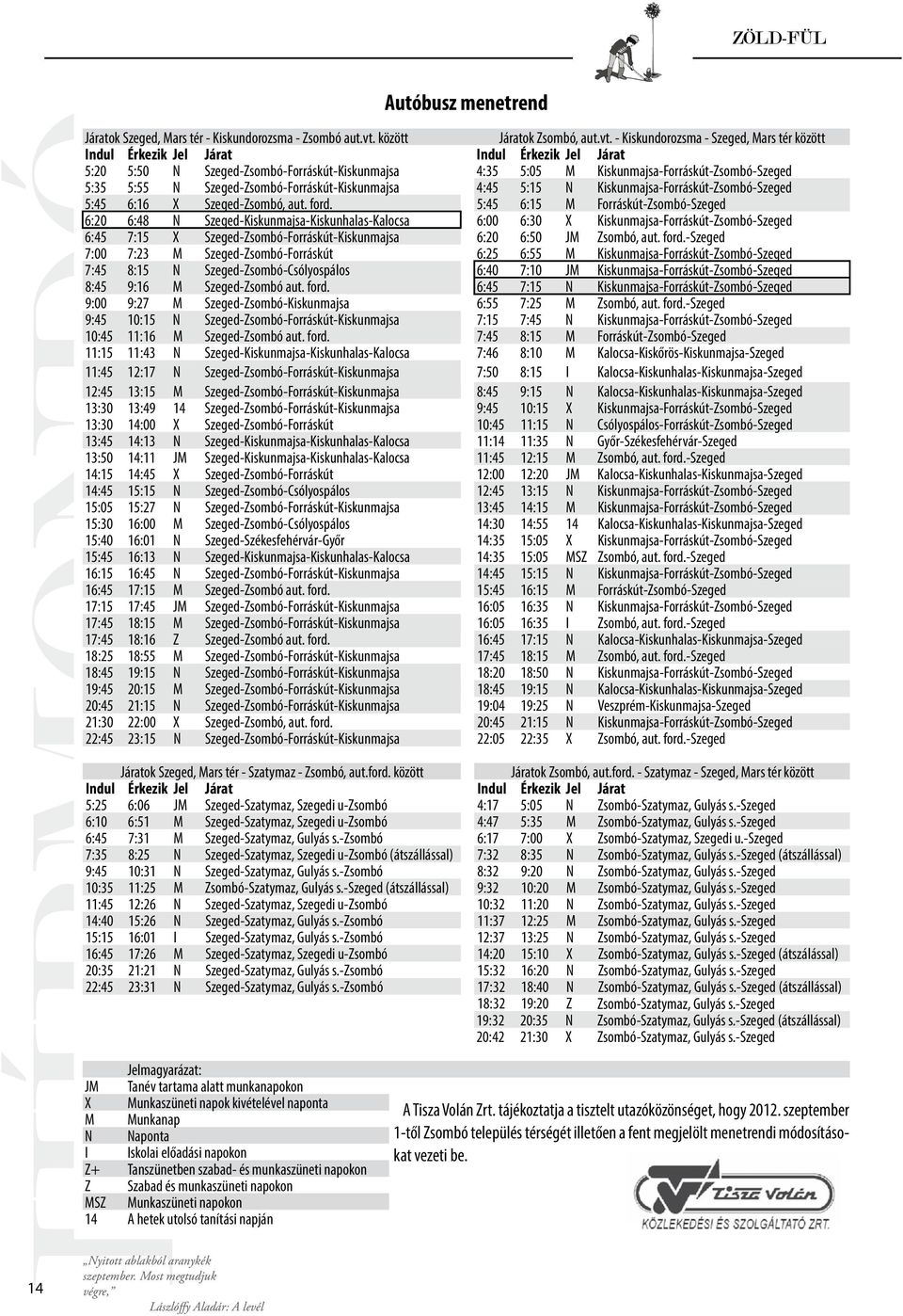 - Kiskundorozsma - Szeged, Mars tér között Indul Érkezik Jel Járat Indul Érkezik Jel Járat 5:20 5:50 N Szeged-Zsombó-Forráskút-Kiskunmajsa 4:35 5:05 M Kiskunmajsa-Forráskút-Zsombó-Szeged 5:35 5:55 N