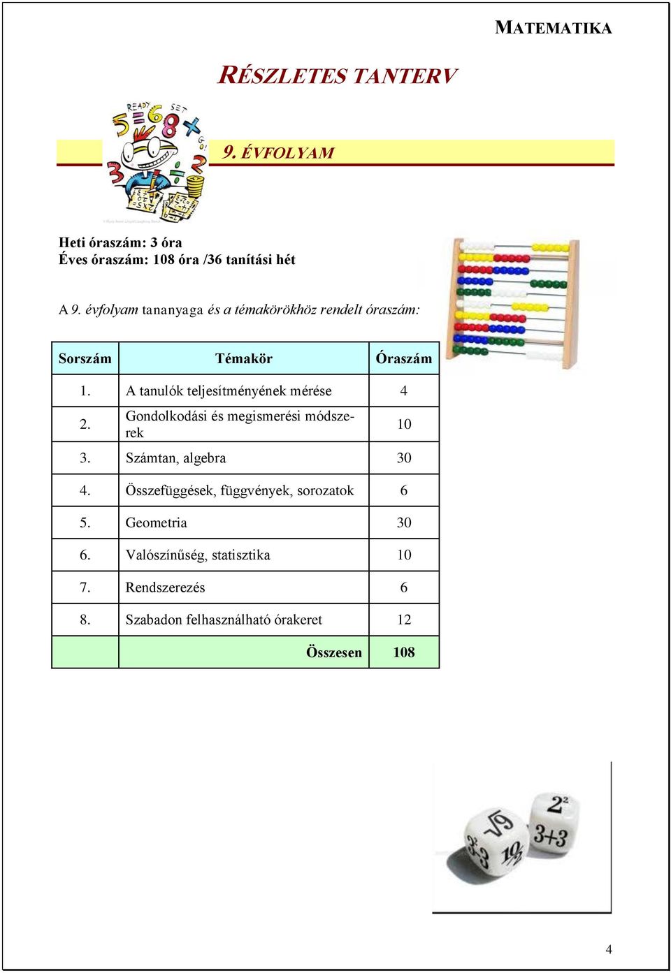 A tanulók teljesítményének mérése 4 2. Gondolkodási és megismerési módszerek 3. Számtan, algebra 30 4.