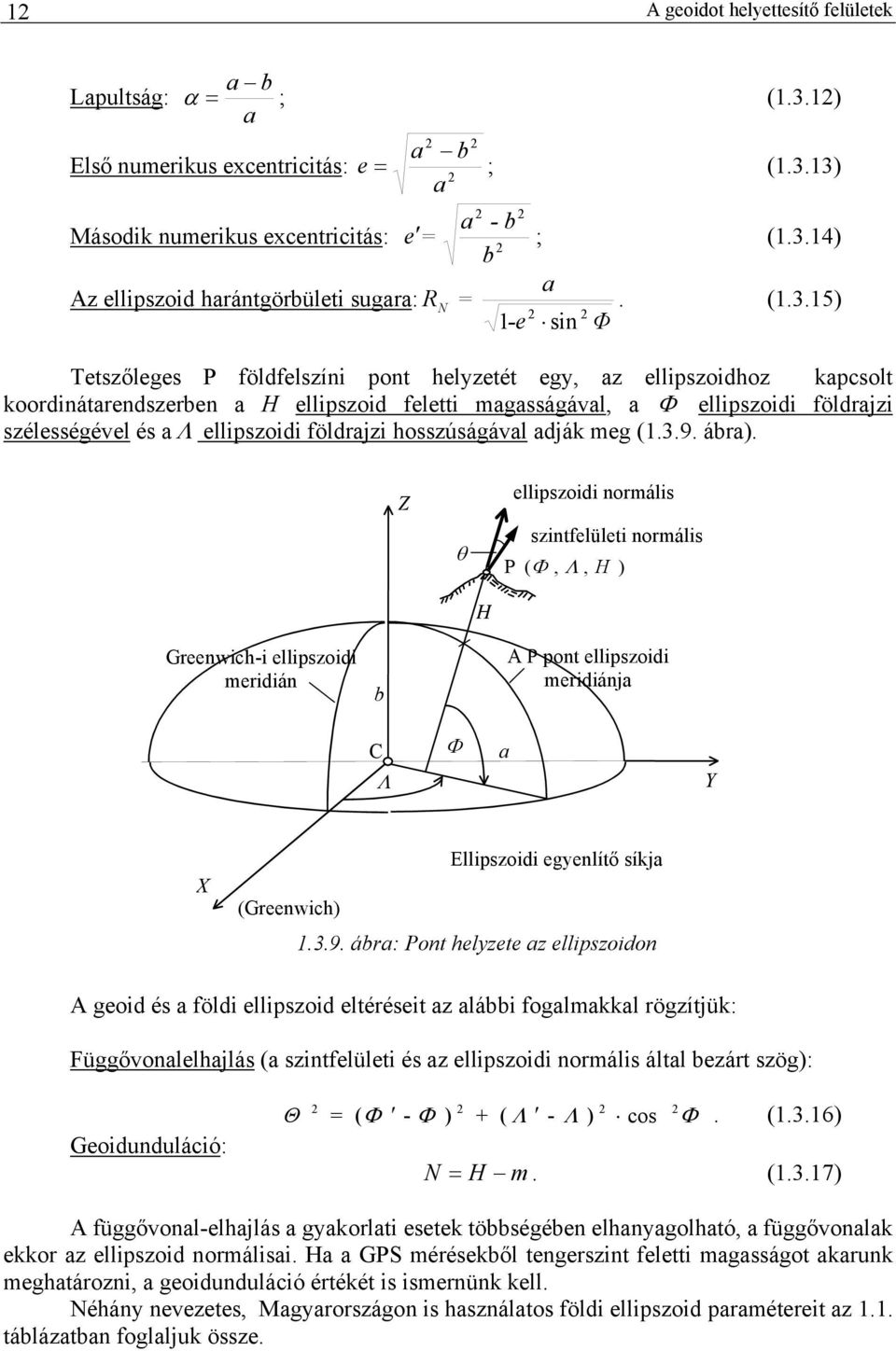 5) Tetszőleges P földfelszí pot helyzetét egy, az ellpszodhoz kapcsolt koordátaredszerbe a H ellpszod felett magasságával, a Φ ellpszod földrajz szélességével és a Λ ellpszod földrajz hosszúságával