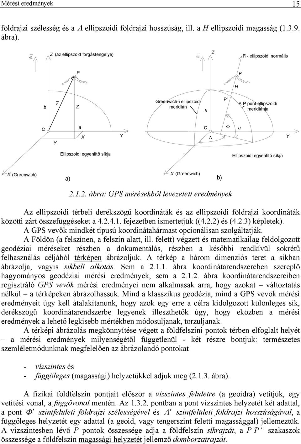 X (Greewch) a) b)... ábra: GPS mérésekből levezetett eredméyek Az ellpszod térbel derékszögű koordáták és az ellpszod földrajz koordáták között zárt összefüggéseket a 4..4.. fejezetbe smertetjük ((4.