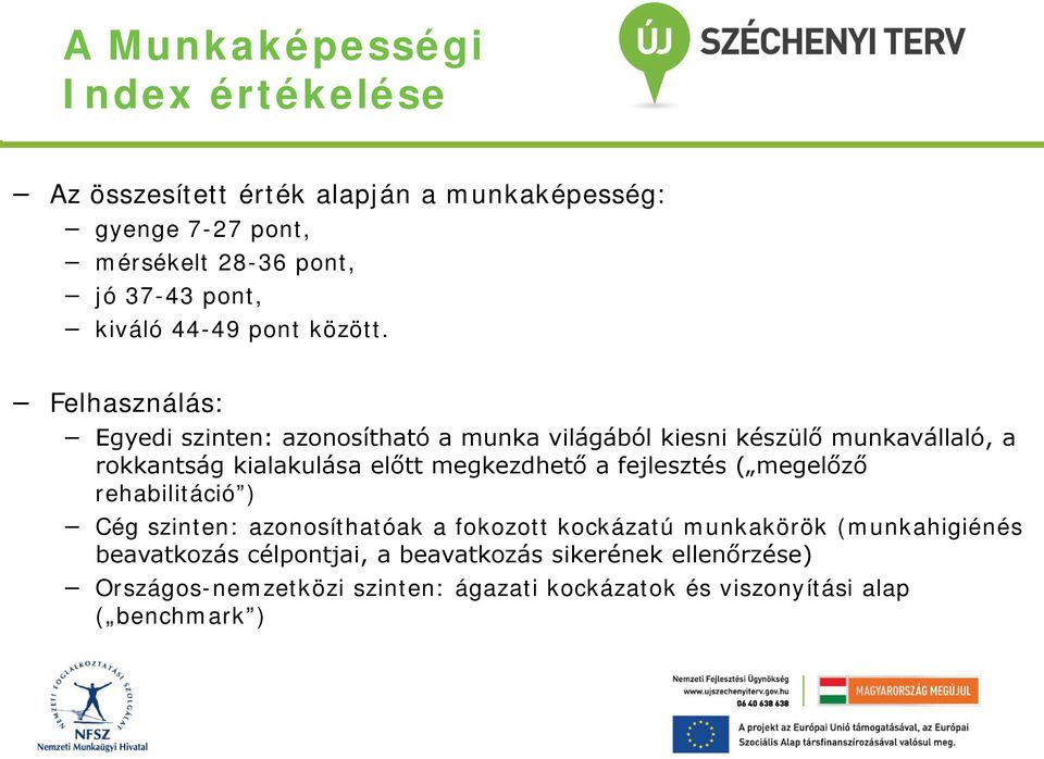 Felhasználás: Egyedi szinten: azonosítható a munka világából kiesni készülő munkavállaló, a rokkantság kialakulása előtt megkezdhető a