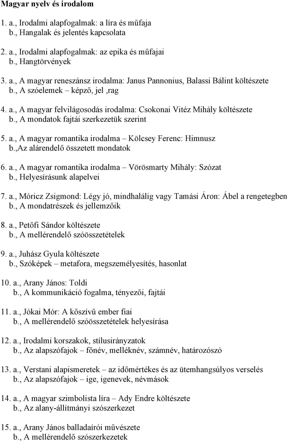 ,az alárendelő összetett mondatok 6. a., A magyar romantika irodalma Vörösmarty Mihály: Szózat b., Helyesírásunk alapelvei 7. a., Móricz Zsigmond: Légy jó, mindhalálig vagy Tamási Áron: Ábel a rengetegben b.