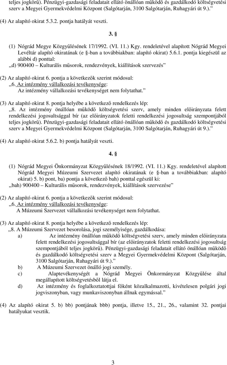 pontja a következők szerint módosul:,,6. Az intézmény vállalkozási tevékenysége: Az intézmény vállalkozási tevékenységet nem folytathat. (3) Az alapító okirat 8.