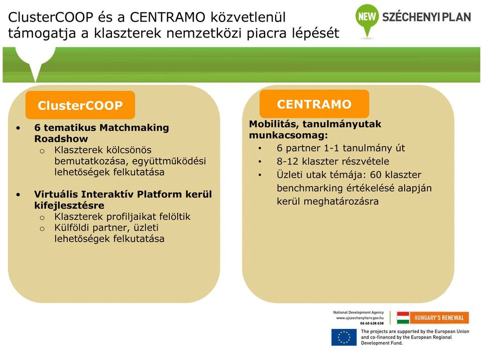 Klaszterek profiljaikat felöltik o Külföldi partner, üzleti lehetőségek felkutatása CENTRAMO Mobilitás, tanulmányutak munkacsomag: 6