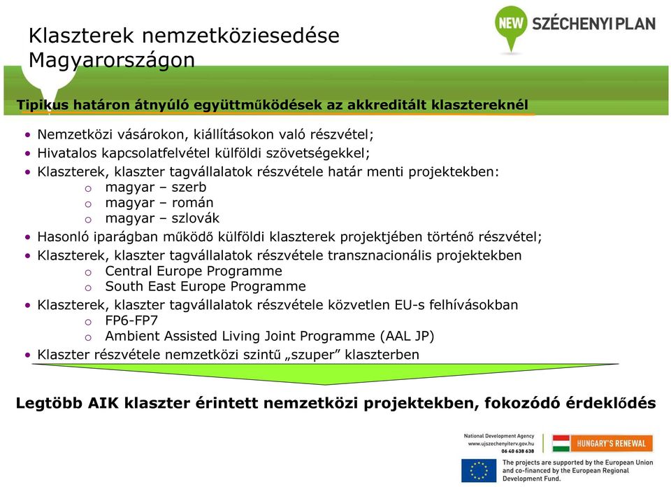 projektjében történő részvétel; Klaszterek, klaszter tagvállalatok részvétele transznacionális projektekben o Central Europe Programme o South East Europe Programme Klaszterek, klaszter tagvállalatok