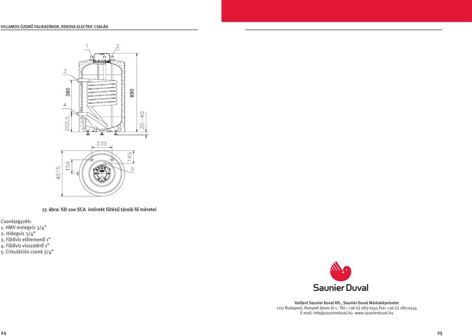 ábra: SD 100 SCA indirekt fűtésű tároló fő méretei Vaillant Saunier Duval Kft.