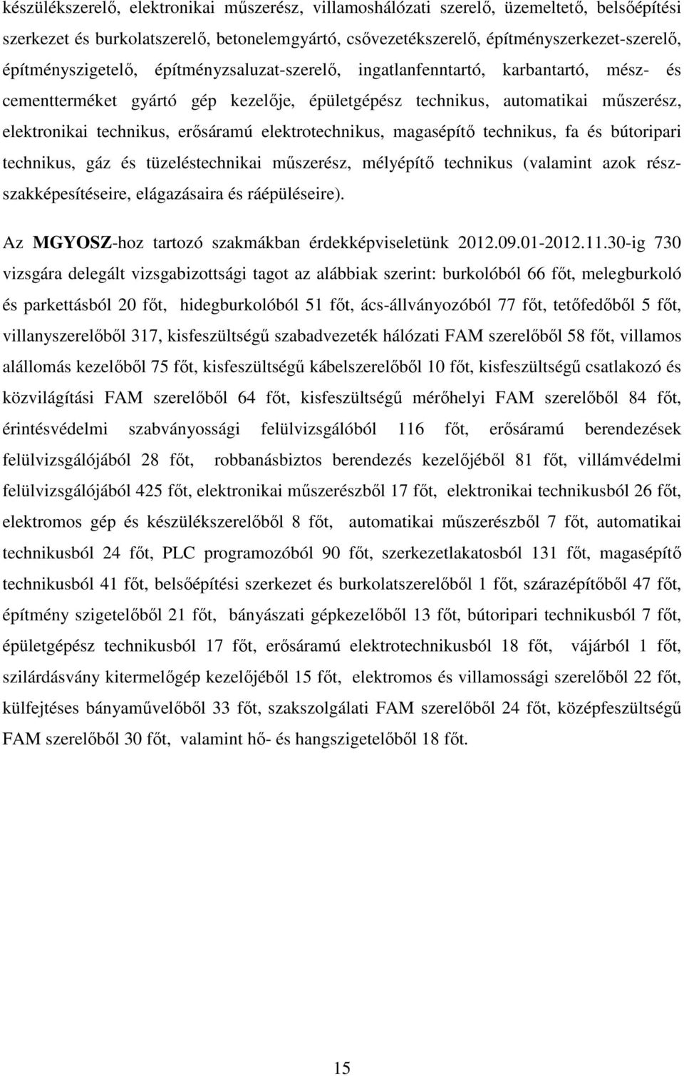 erősáramú elektrotechnikus, magasépítő technikus, fa és bútoripari technikus, gáz és tüzeléstechnikai műszerész, mélyépítő technikus (valamint azok részszakképesítéseire, elágazásaira és