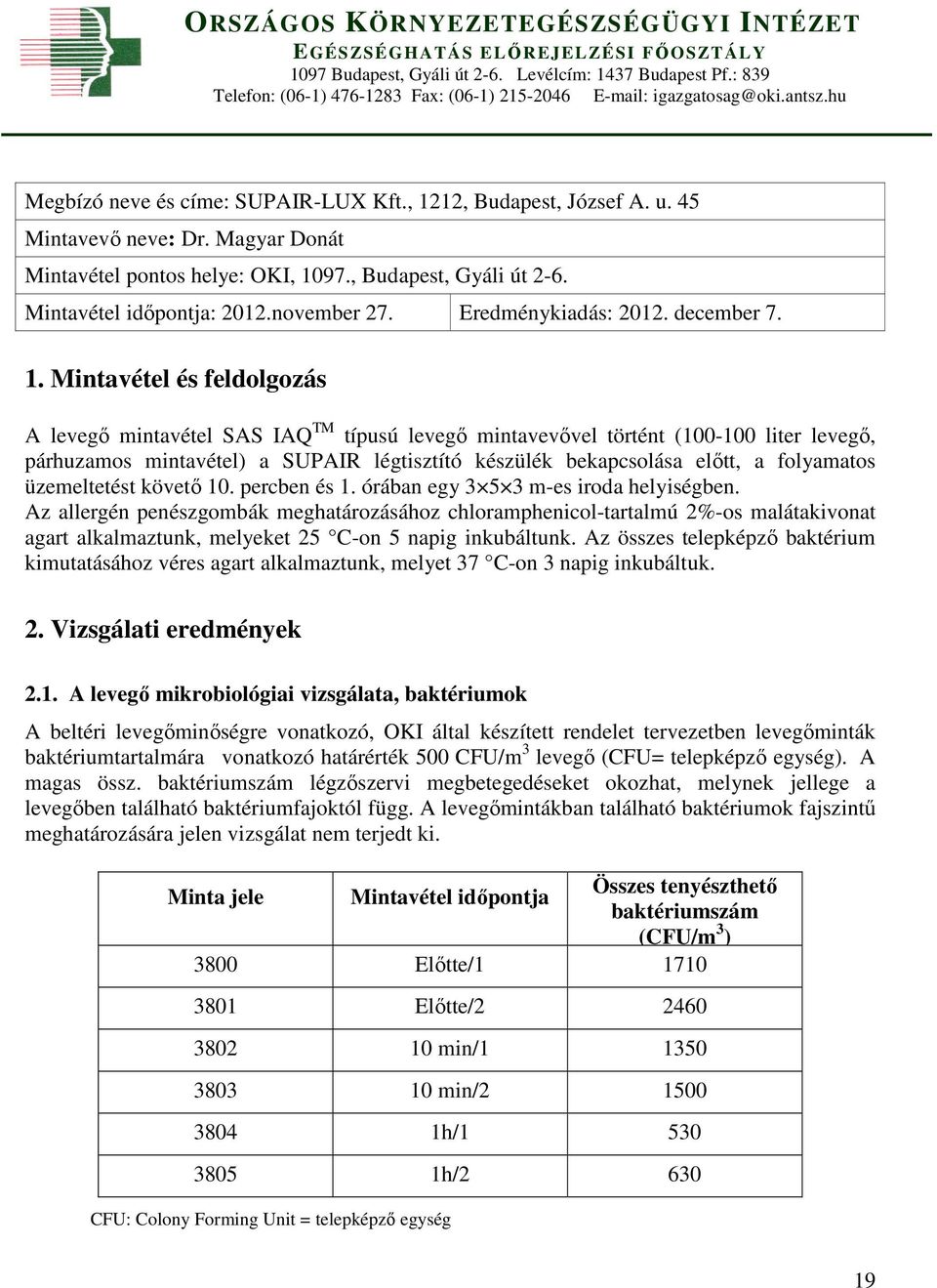 Magyar Donát Mintavétel pontos helye: OKI, 10