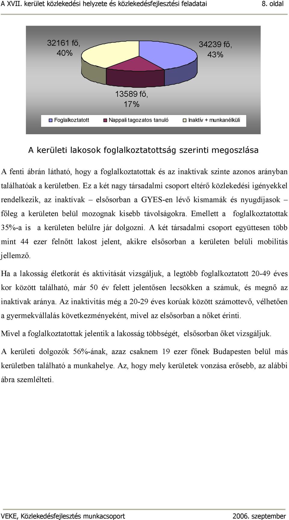 Ez a két nagy társadalmi csoport eltérı közlekedési igényekkel rendelkezik, az inaktívak elsısorban a GYES-en lévı kismamák és nyugdíjasok fıleg a kerületen belül mozognak kisebb távolságokra.