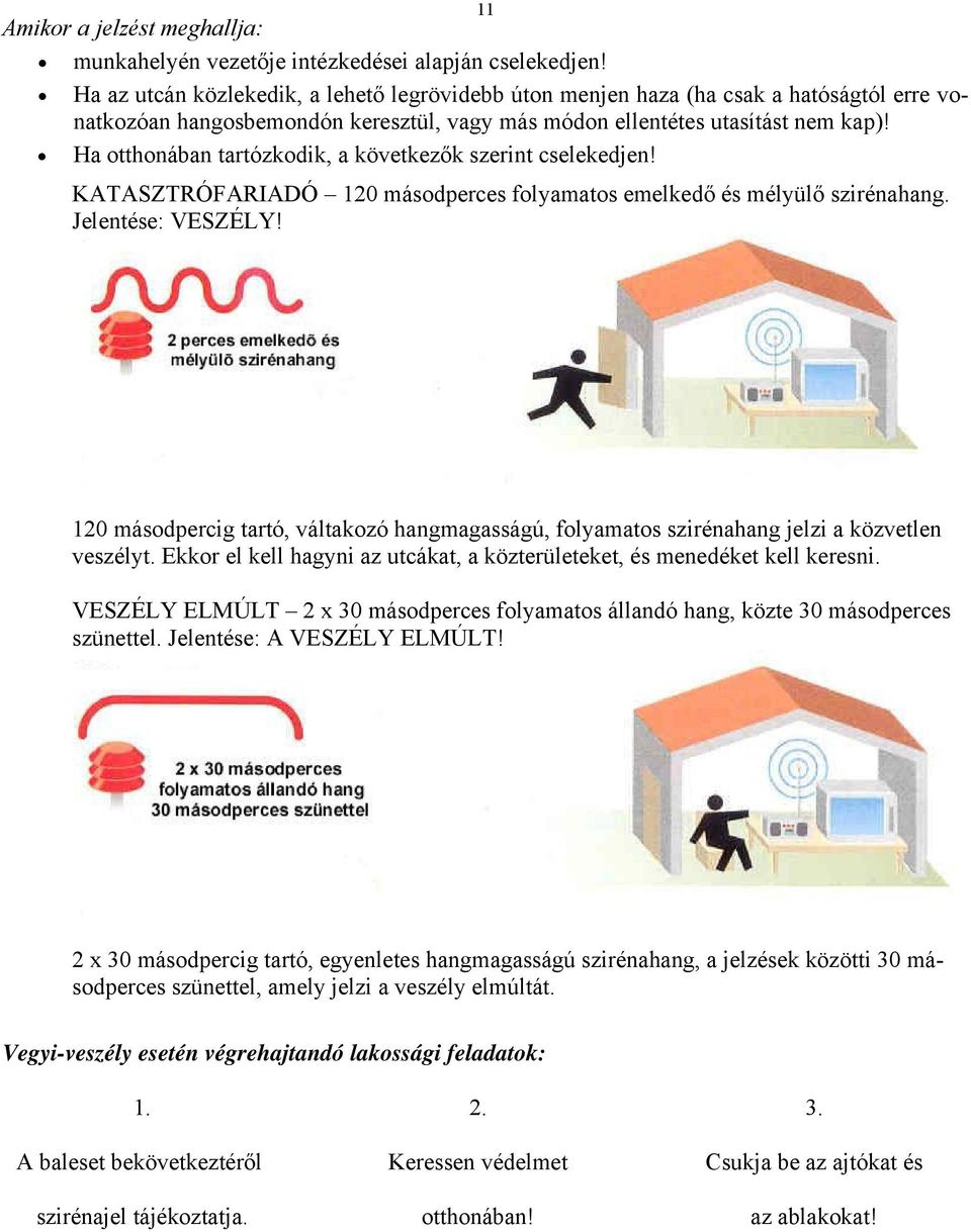 Ha otthonában tartózkodik, a következők szerint cselekedjen! KATASZTRÓFARIADÓ 120 másodperces folyamatos emelkedő és mélyülő szirénahang. Jelentése: VESZÉLY!