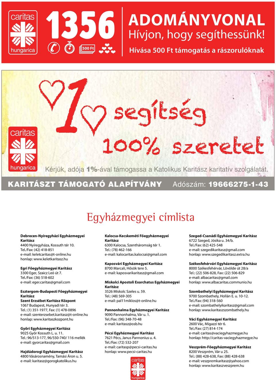 /Fax: (42) 418-851 e-mail: keletcaritas@t-online.hu honlap: www.keletkaritasz.hu Egri Főegyházmegyei Karitász 3300 Eger, Szaicz Leó út 7. Tel./Fax: (36) 518-602 e-mail: eger.caritas@gmail.