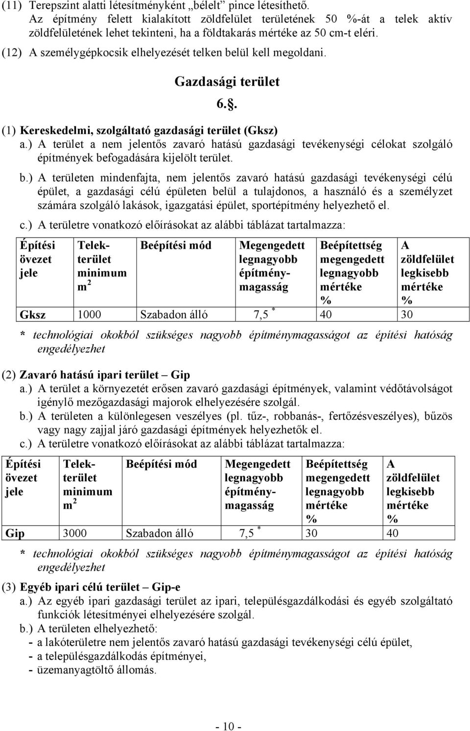 (12) A személygépkocsik elhelyezését telken belül kell megoldani. Gazdasági terület 6.. (1) Kereskedelmi, szolgáltató gazdasági terület (Gksz) a.