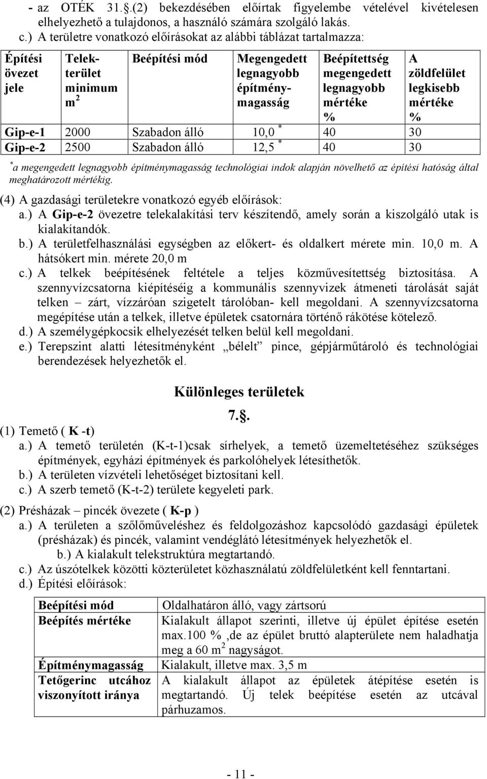 legnagyobb mértéke % Gipe1 2000 Szabadon álló 10,0 * 40 30 Gipe2 2500 Szabadon álló 12,5 * 40 30 A zöldfelület legkisebb mértéke % * a megengedett legnagyobb építménymagasság technológiai indok