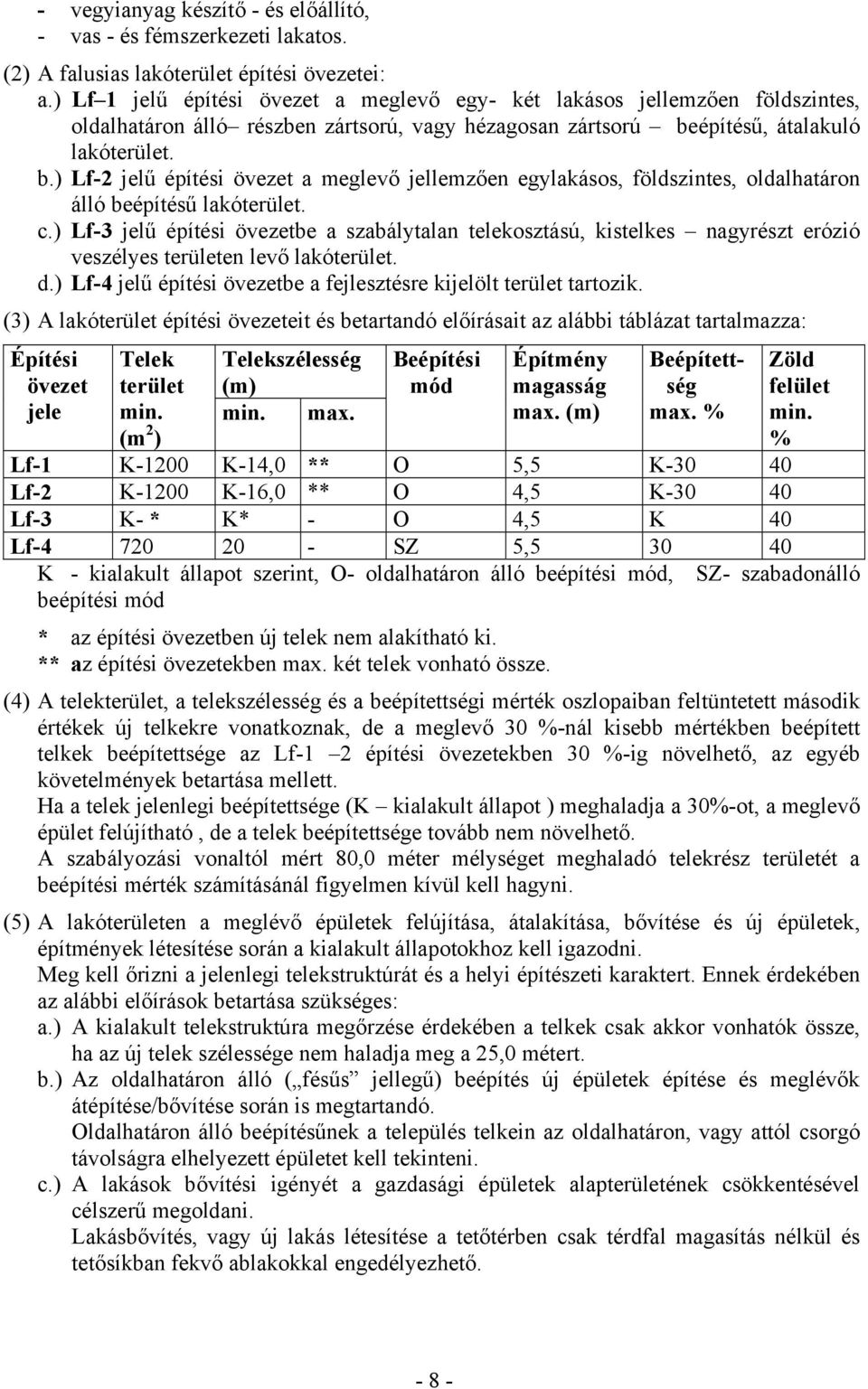 építésű, átalakuló lakóterület. b.) Lf2 jelű építési övezet a meglevő jellemzően egylakásos, földszintes, oldalhatáron álló beépítésű lakóterület. c.