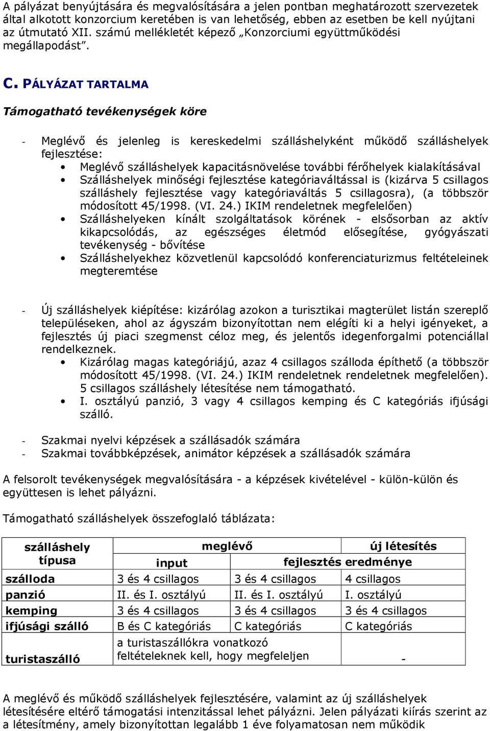 PÁLYÁZAT TARTALMA Támogatható tevékenységek köre - Meglévı és jelenleg is kereskedelmi szálláshelyként mőködı szálláshelyek fejlesztése: Meglévı szálláshelyek kapacitásnövelése további férıhelyek