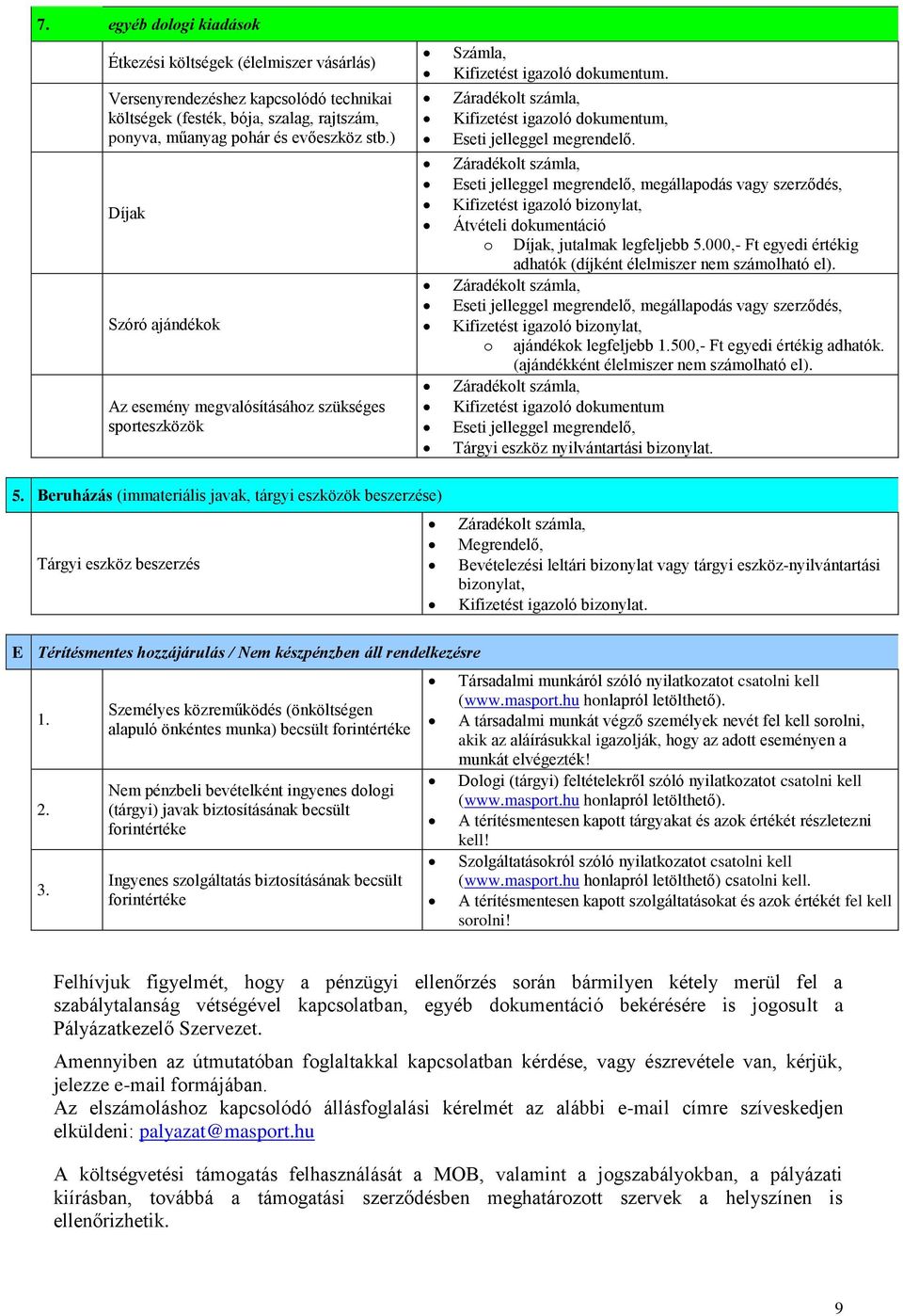 Eseti jelleggel megrendelő, megállapodás vagy szerződés, Kifizetést igazoló bizonylat, Átvételi dokumentáció o Díjak, jutalmak legfeljebb 5.