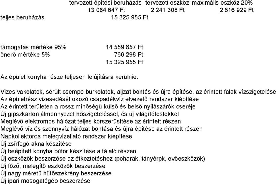 Vizes vakolatok, sérült csempe burkolatok, aljzat bontás és újra építése, az érintett falak vízszigetelése Az épületrész vizesedését okozó csapadékvíz elvezető rendszer kiépítése Az érintett