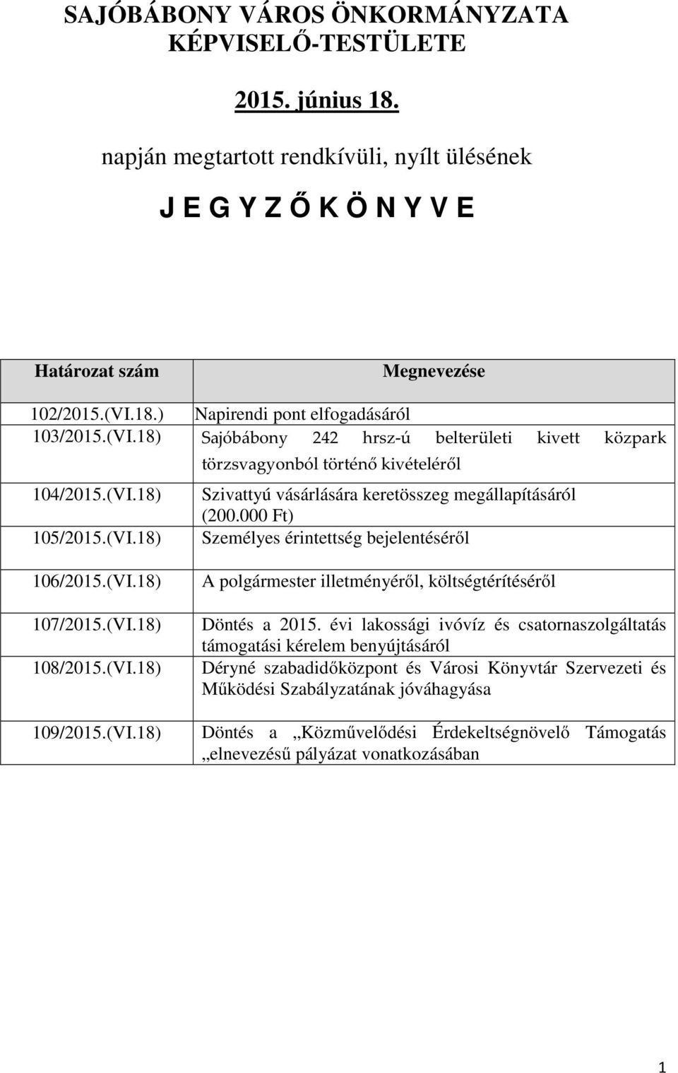 (VI.18) 107/2015.(VI.18) 108/2015.(VI.18) 109/2015.(VI.18) A polgármester illetményéről, költségtérítéséről Döntés a 2015.